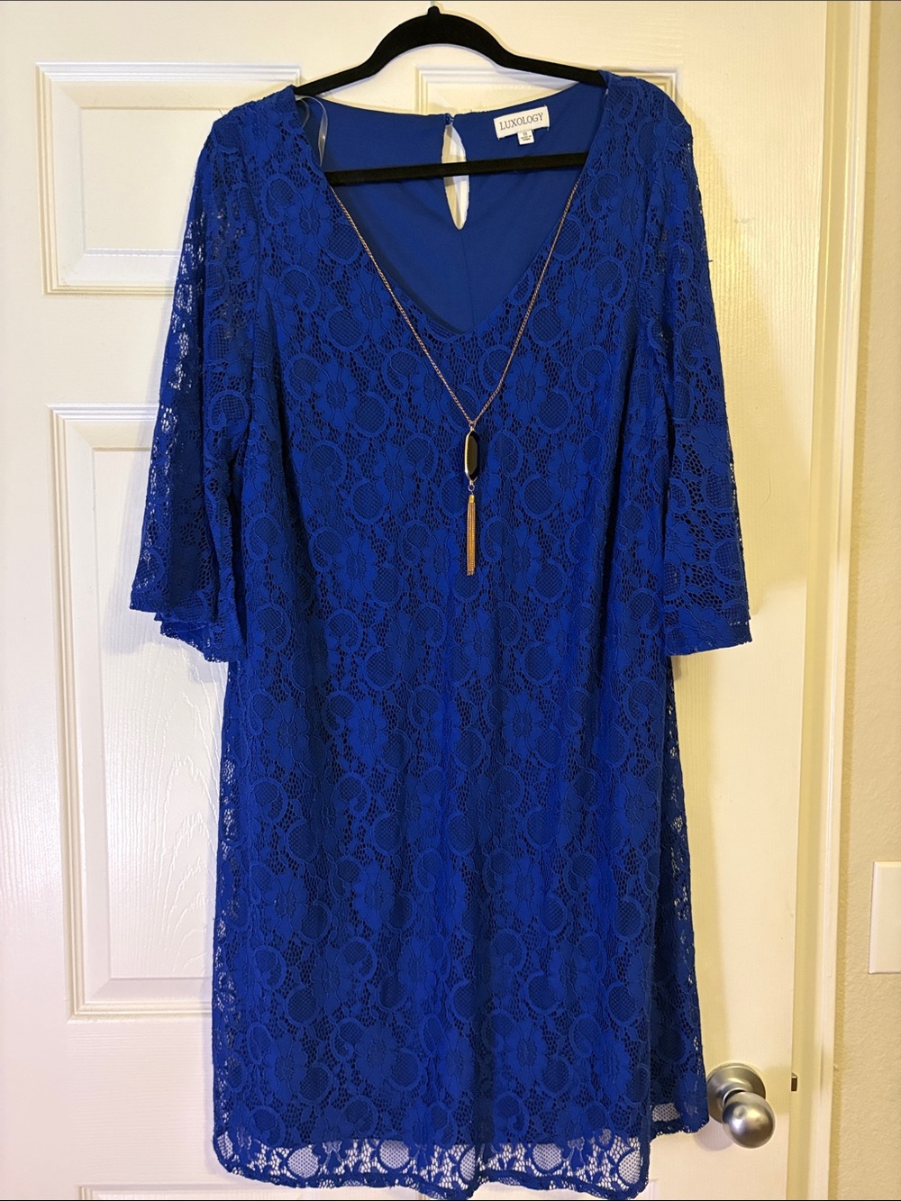Luxology Cobalt Blue Lace V-Neck Long Sleeve Dress